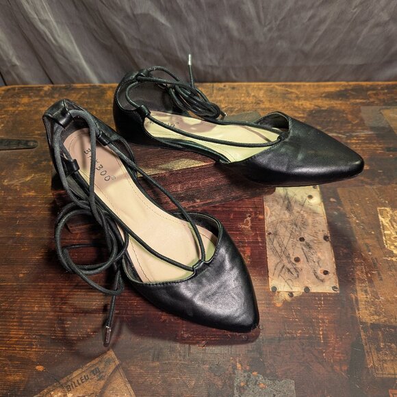 Bamboo black leatheresque "Sequel 04" lace up Ballet Flats Sz 7 - Picture 3 of 9